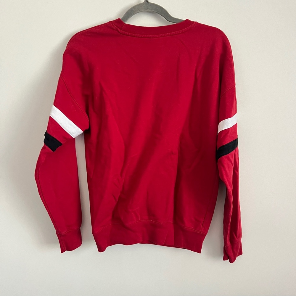 Disney Mickey Mouse Striped Sleeve Red Crewneck Sweatshirt Size Medium - Picture 5 of 9